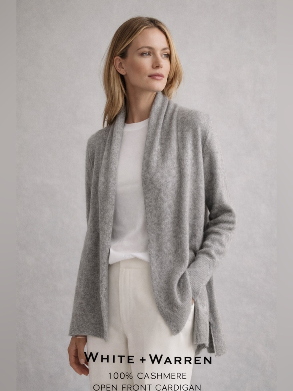 White + Warren 100% Cashmere Open Front Cardigan Gray XS Lightweight Luxe
